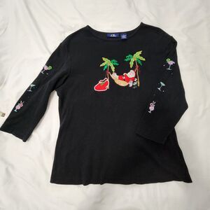 C.B. Casual Black Pullover M Shirt Embroidered Christmas Themed Santa Palm Trees